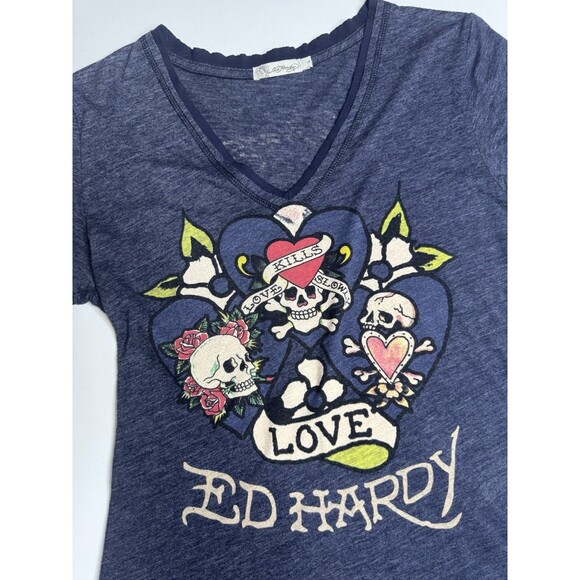 Ed Hardy Rose Skull Graphic Tattoo Y2K Christian Audigier Women’s Shirt Large - Picture 2 of 5